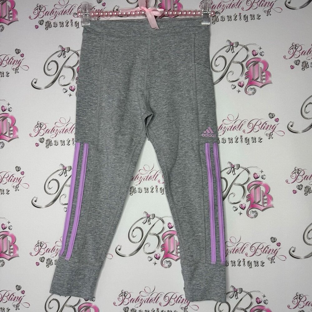 Adidas leggings crop capri grey with lilac purple stripes on side iconic stretch